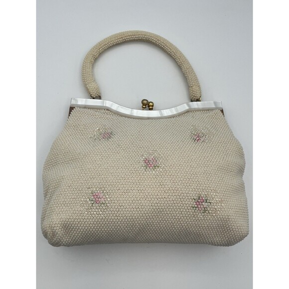Vintage White Beaded Seed Pearl Pink Floral Purse Kiss Lock &‎ Lucite Trim Top - Picture 4 of 13